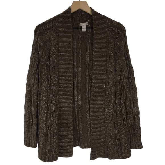 CHICOS Cardigan Sweater Metallic Open Front Cable Knit Rabbit Hair Size 1 Medium - Picture 8 of 8